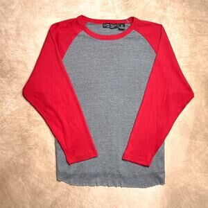 Vintage Y2K Raglan Sleeve Baseball T-Shirt Long Sleeve Red Gray Ribbed Skater